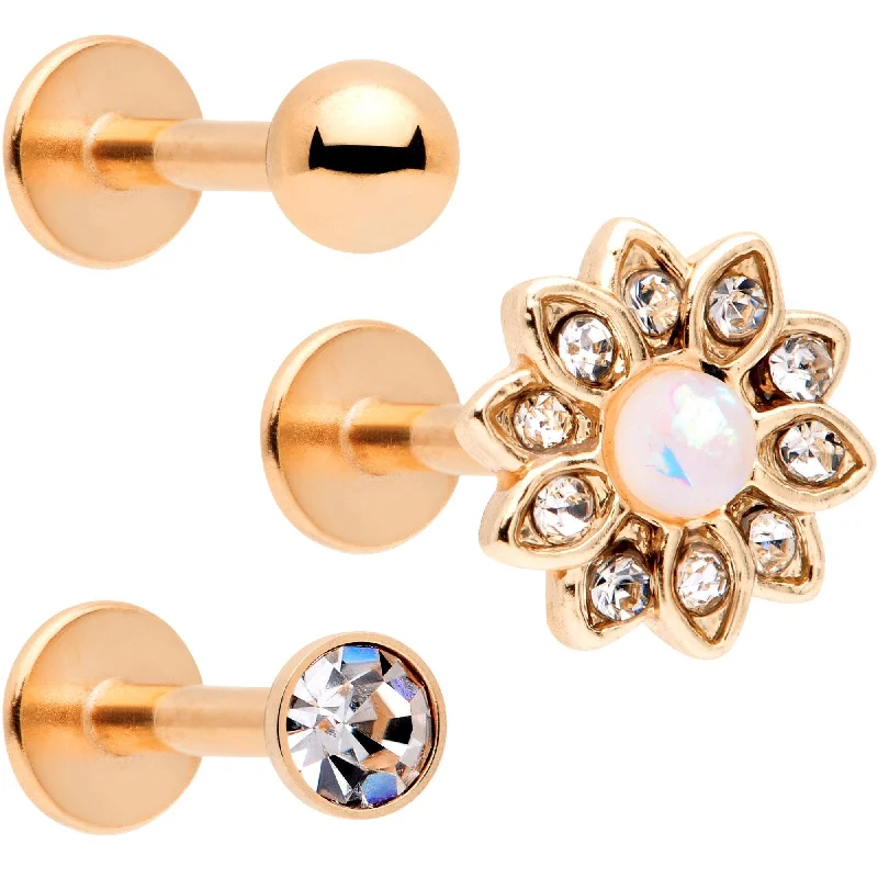 Elegant Lip Rings for Special Occasions16 Gauge 5/16 White Faux Opal Rose Gold Tone Flower Labret Set of 3