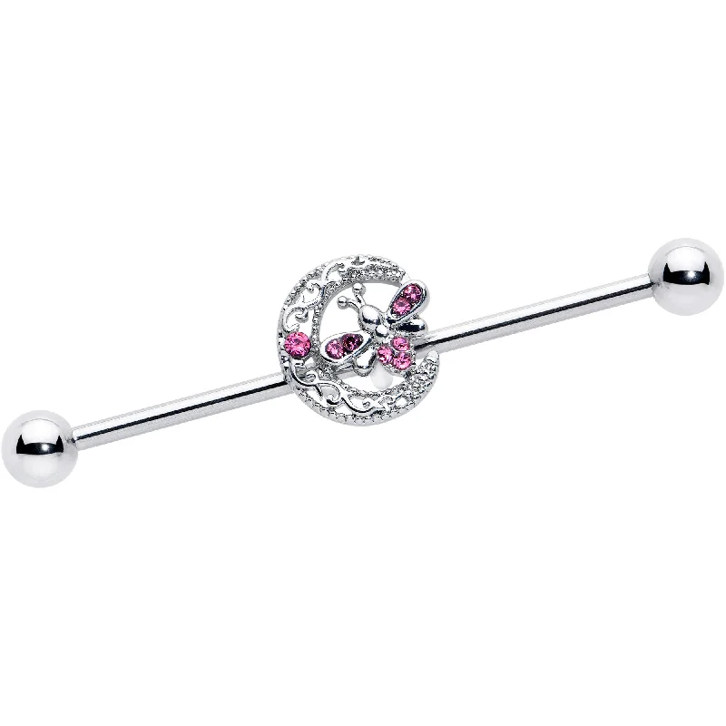 Women's Earrings – Elegant Designs for Every Personality--14 Gauge Pink Gem Lunar Dragonfly Industrial Barbell 38mm
