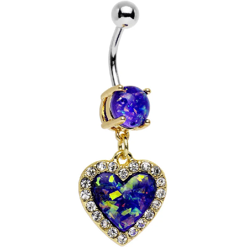 Trendy Belly Rings for Statement Looks -Dark Purple Imitation Opal Gold Plated Framed Heart Dangle Belly Ring Trendy Belly Rings for Statement Looks -Dark Purple Imitation Opal Gold Plated Framed Heart Dangle Belly Ring