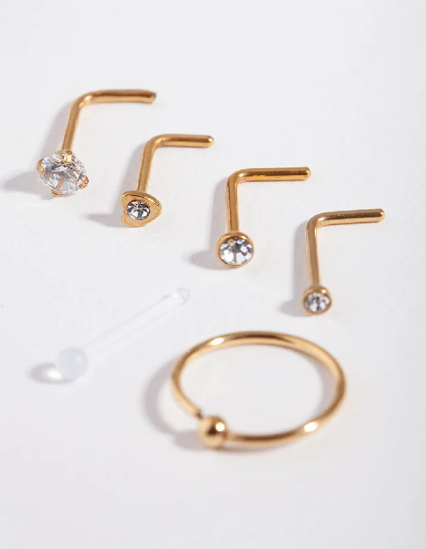 Beautiful Nose Rings with Unique Charms -Gold Surgical Steel Mixed Diamante Nose Stud 6-Pack Beautiful Nose Rings with Unique Charms -Gold Surgical Steel Mixed Diamante Nose Stud 6-Pack