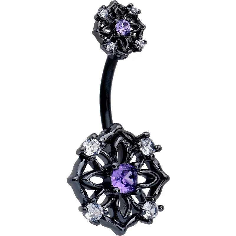 Beautiful Belly Rings with Radiant Stones -Purple CZ Gem Black Flower Ring Double Mount Belly Ring Beautiful Belly Rings with Radiant Stones -Purple CZ Gem Black Flower Ring Double Mount Belly Ring