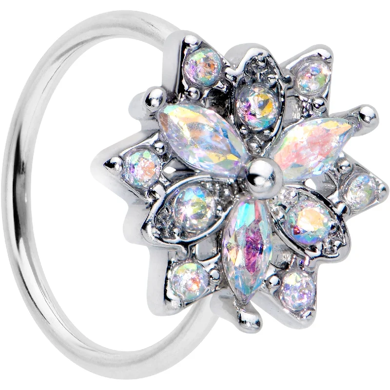 Nose Rings with Stones -20 Gauge 5/16 Aurora CZ Gem Snowflake Style Nose Hoop