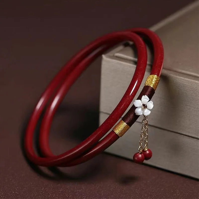 Adjustable Gold Cuff Bangles for Women-Buddha Stones 2Pcs Cinnabar Flower Blessing Bangle Charm Bracelet