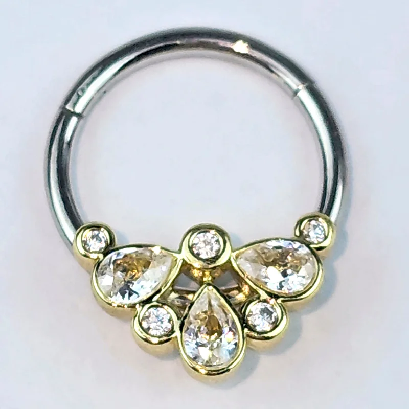 Elegant Nose Rings for Stunning Look -16 Gauge 3/8 Clear Gem Golden Crown Deluxe Hinged Segment Ring Elegant Nose Rings for Stunning Look -16 Gauge 3/8 Clear Gem Golden Crown Deluxe Hinged Segment Ring