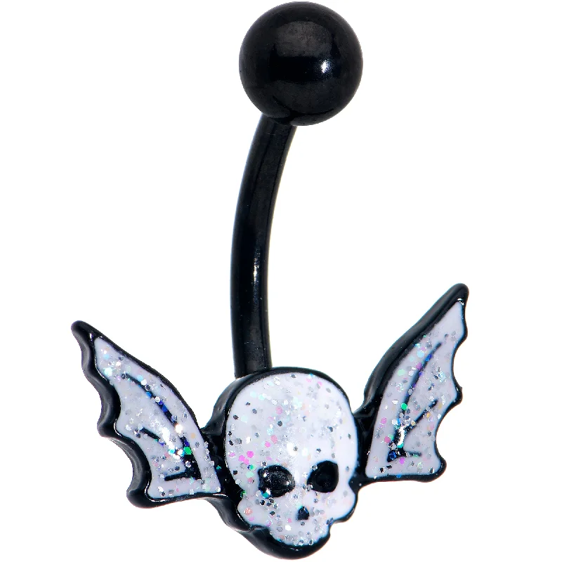 Elegant Belly Rings for Sophisticated Style -Black Winged Skull Glitter Belly Ring
