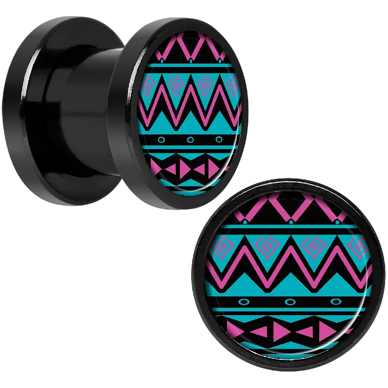 Women's Earrings – Elegant Designs for Every Personality--Pink Teal Tribal Print Black Anodized Screw Fit Plug Set 0 Gauge Women's Earrings – Elegant Designs for Every Personality--Pink Teal Tribal Print Black Anodized Screw Fit Plug Set 0 Gauge