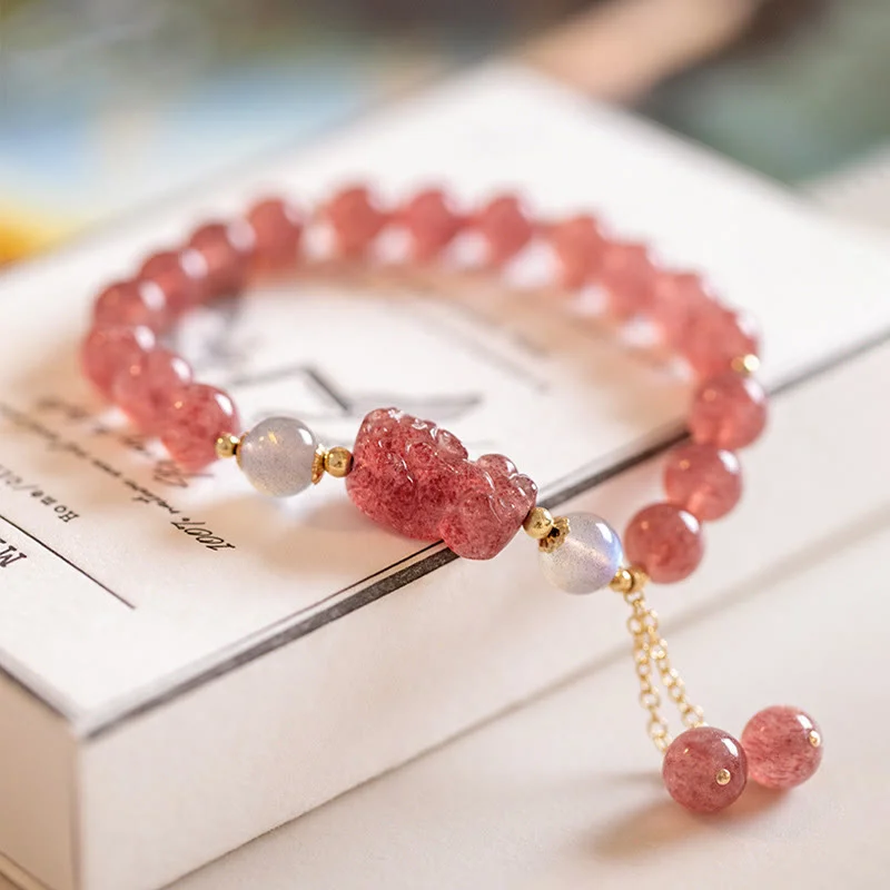 Women's Bangles with Custom Engraving-Buddha Stones Natural Strawberry Quartz Moonstone PiXiu Love Healing Bracelet