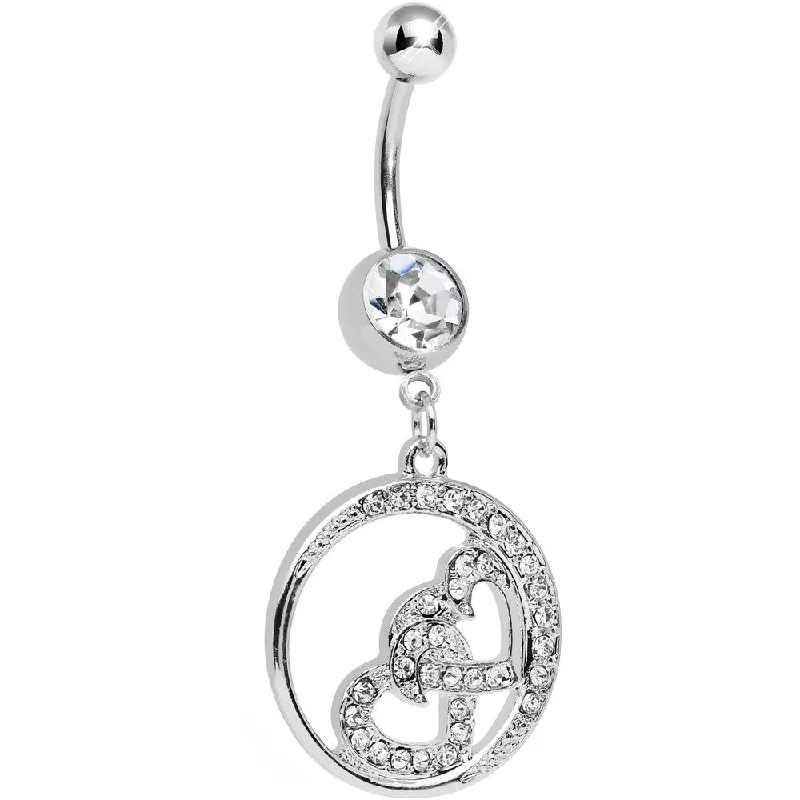 Belly Rings with Chic and Bold Accents -Clear Crystal Joined Double Encircled Heart Dangle Belly Ring Belly Rings with Chic and Bold Accents -Clear Crystal Joined Double Encircled Heart Dangle Belly Ring