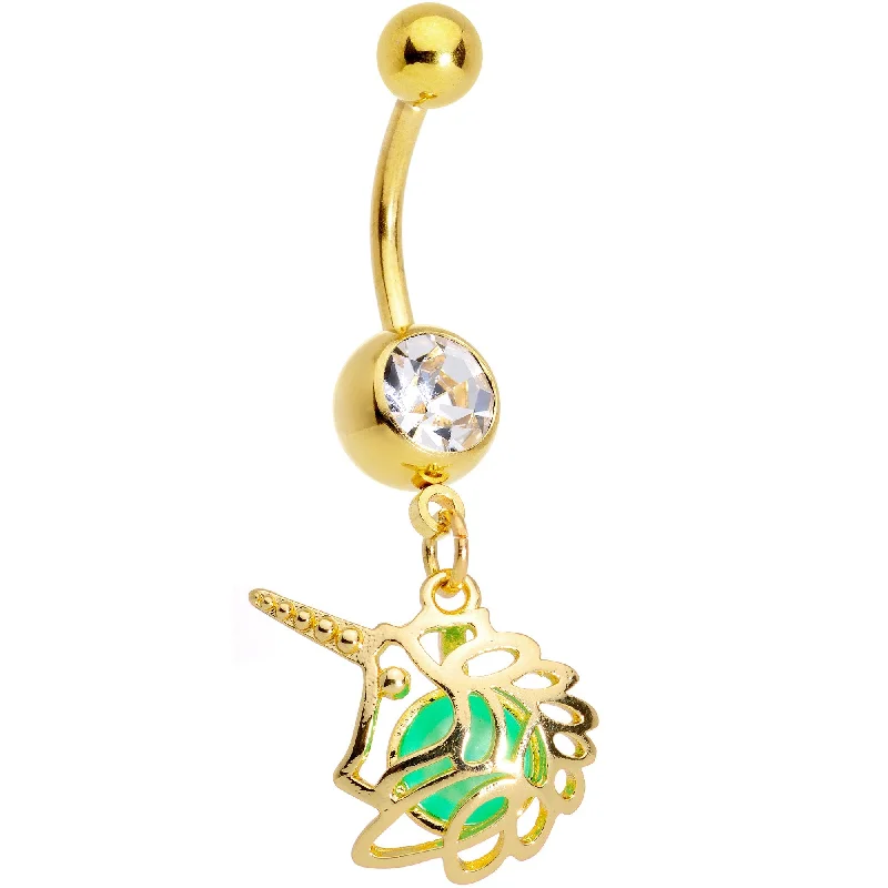 Belly Rings with Gemstone Designs for Chic Style -Clear Gem Gold Tone Glow Orb Unicorn Dangle Belly Ring Belly Rings with Gemstone Designs for Chic Style -Clear Gem Gold Tone Glow Orb Unicorn Dangle Belly Ring