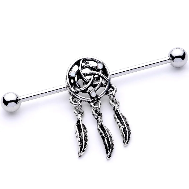 Women's Earrings – Elegant Designs for Every Personality--White Synthetic Opal Feather Dreamcatcher Industrial Barbell 38mm