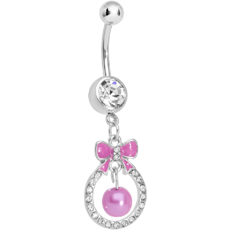 Belly Rings for Trendy Piercing Styles -Clear Gem Pink Bow Wreathed Faux Pearl Dangle Belly Ring Belly Rings for Trendy Piercing Styles -Clear Gem Pink Bow Wreathed Faux Pearl Dangle Belly Ring
