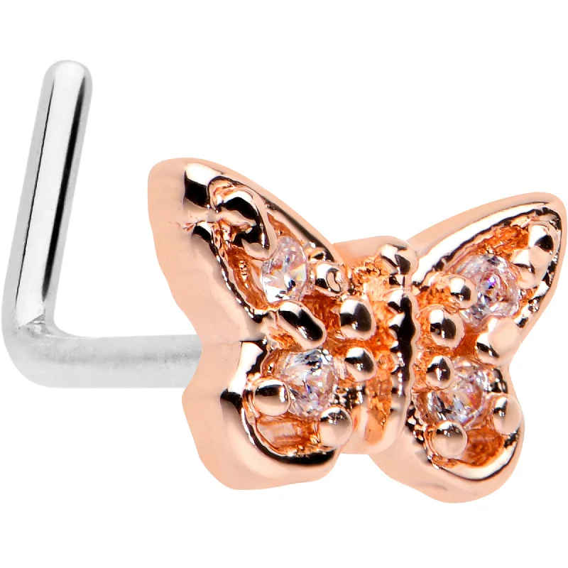 Elegant Nose Rings with Classic Touch -20 Gauge 7mm Clear Gem Baroque Rosy Butterfly L Shape Nose Ring Elegant Nose Rings with Classic Touch -20 Gauge 7mm Clear Gem Baroque Rosy Butterfly L Shape Nose Ring