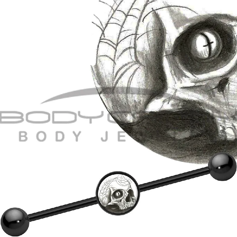Women's Earrings – Elegant Designs for Every Personality--14 Gauge Black Anodized Halloween Webbed Skull Industrial Barbell 37mm