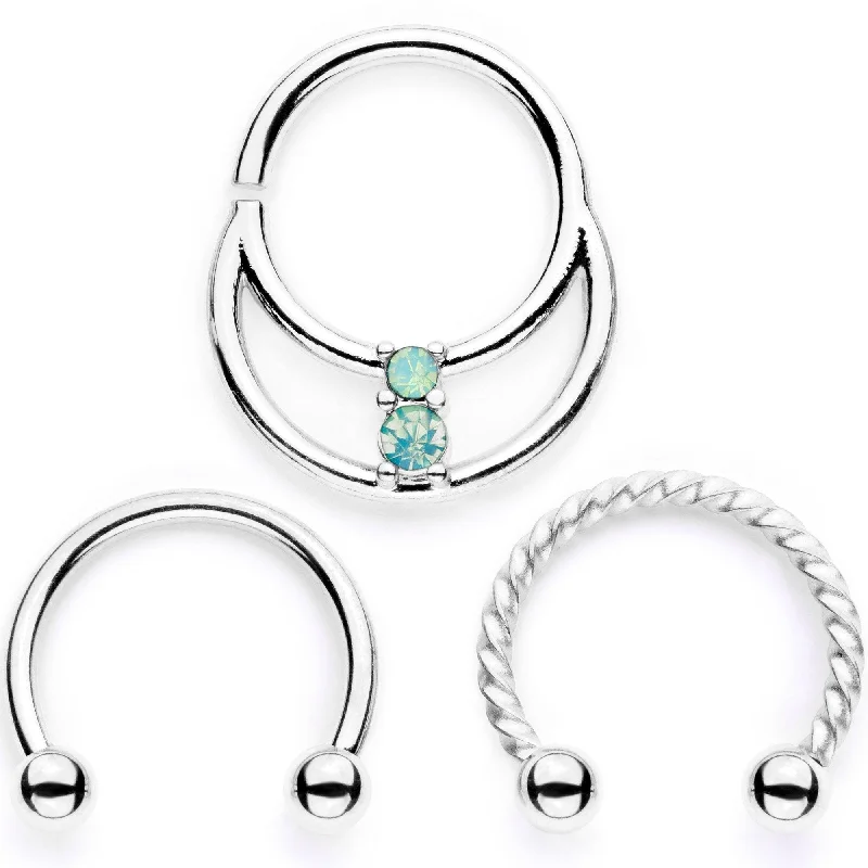 Unique Nose Rings with Creative Styles -16 Gauge 3/8 Teal Faux Opal Twisted Horseshoe Closure Ring Set Unique Nose Rings with Creative Styles -16 Gauge 3/8 Teal Faux Opal Twisted Horseshoe Closure Ring Set