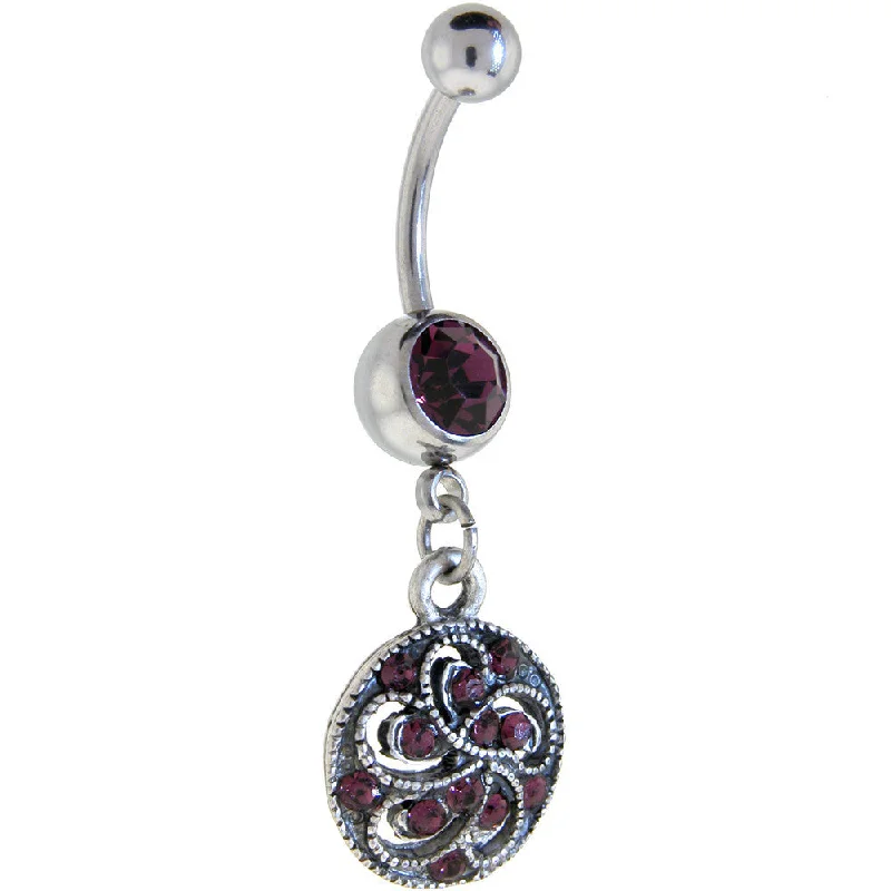 Designer Belly Rings for Unique Style -Antique Silver Fantasy Violet Gem Dangle Belly Ring Designer Belly Rings for Unique Style -Antique Silver Fantasy Violet Gem Dangle Belly Ring