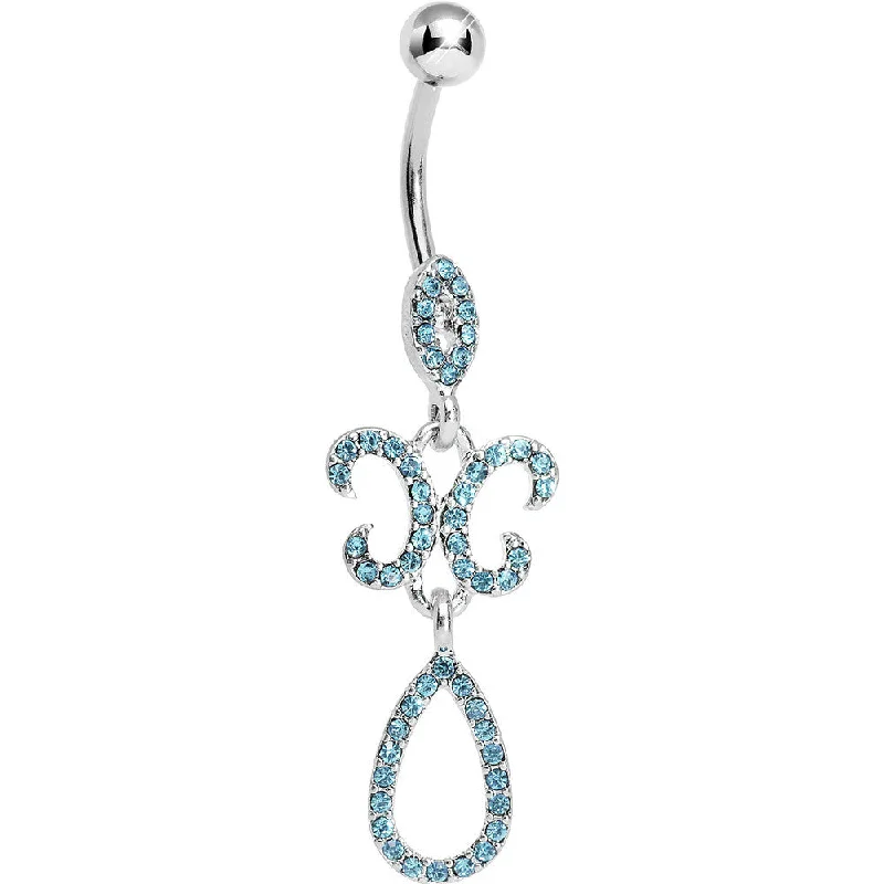 Trendy Belly Rings with Colorful Stones -Aqua Gem Crystalline Fleur di Lis Teardrop Double Dangle Belly Ring