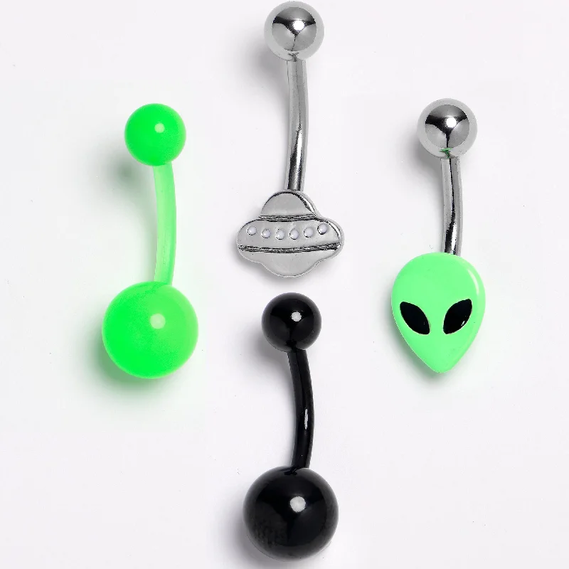 Trendy Belly Rings for Fashion-Forward Women -Green Black Alien Spaceship Belly Ring Set of 4 Trendy Belly Rings for Fashion-Forward Women -Green Black Alien Spaceship Belly Ring Set of 4