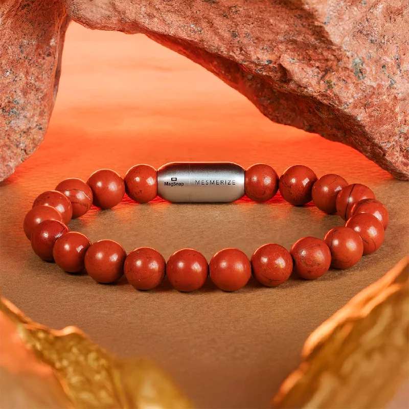 Men's Beaded Bracelets-Inner Strength Red Jasper Natural Stone Bracelet with MagSnap 2 Men's Beaded Bracelets-Inner Strength Red Jasper Natural Stone Bracelet with MagSnap 2
