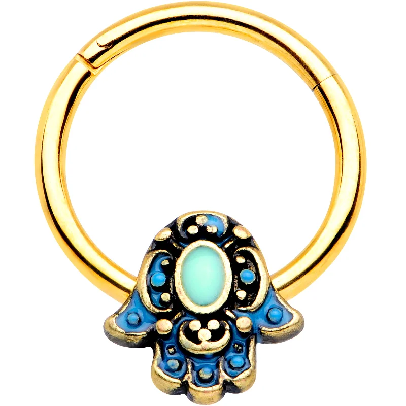 Beautiful Nose Rings with Radiant Shine -16 Gauge 3/8 Gold Tone Aqua Ornate Hamsa Hand Septum Ring Beautiful Nose Rings with Radiant Shine -16 Gauge 3/8 Gold Tone Aqua Ornate Hamsa Hand Septum Ring