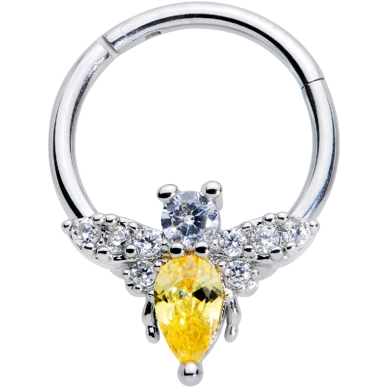 Custom Nose Rings with Special Designs -16 Gauge 3/8 Yellow CZ Gem Bee Hinged Segment Ring Custom Nose Rings with Special Designs -16 Gauge 3/8 Yellow CZ Gem Bee Hinged Segment Ring
