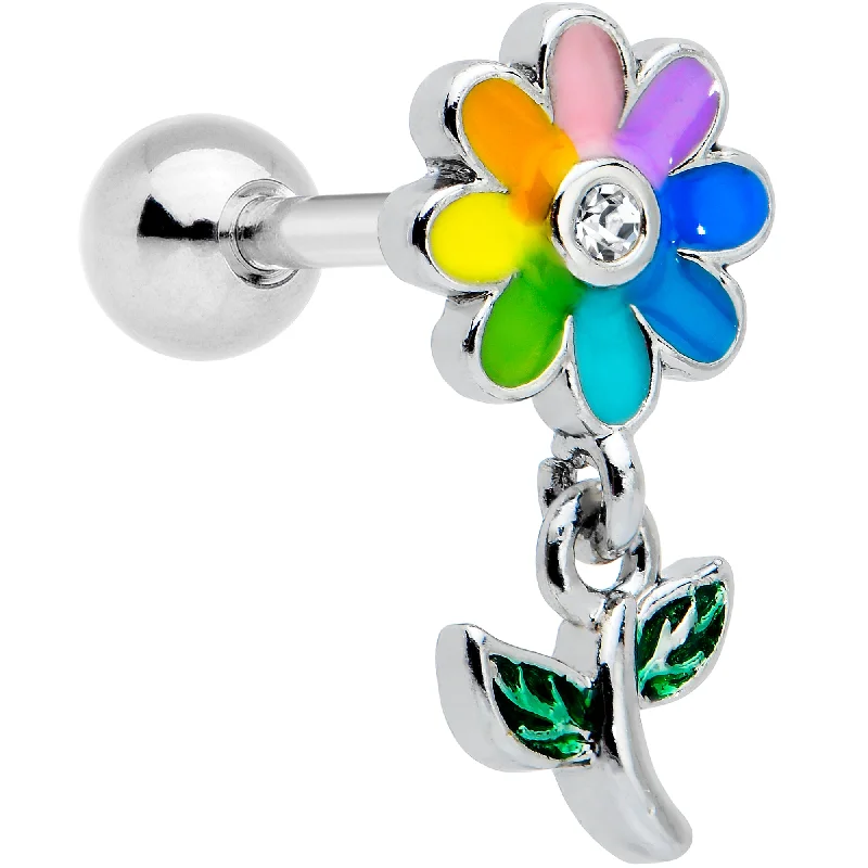 Women's Earrings – Elegant Designs for Every Personality--16 Gauge 1/4 Clear Gem Pride Rainbow Flower Dangle Cartilage Tragus