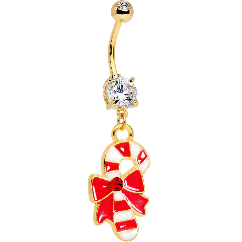 Stunning Belly Rings for Glamorous Fashion -Red CZ Gem Gold Tone Anodized Bow Candy Cane Dangle Belly Ring Stunning Belly Rings for Glamorous Fashion -Red CZ Gem Gold Tone Anodized Bow Candy Cane Dangle Belly Ring