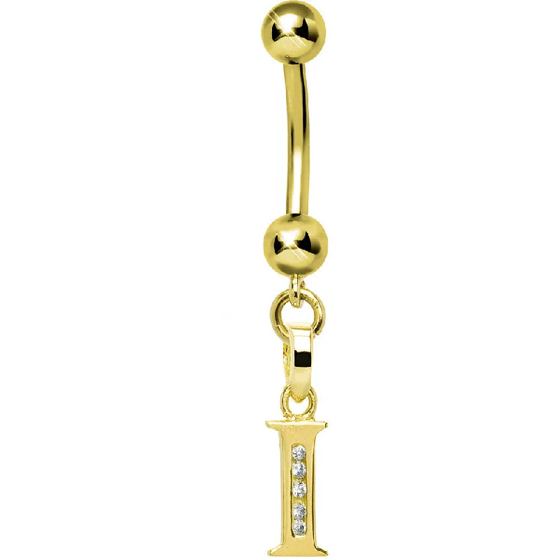 Belly Rings for Special Events -16 Gauge Solid 14kt Yellow Gold CZ Initial I Belly Ring