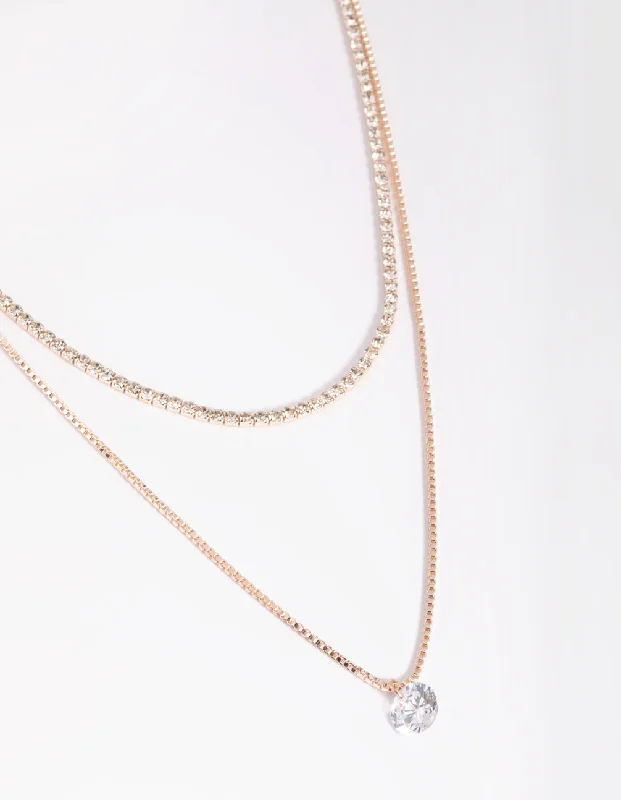 Shop Classic Women's Necklaces & Pendants with a Modern Twist-Rose Gold Diamante Layered Necklace Shop Classic Women's Necklaces & Pendants with a Modern Twist-Rose Gold Diamante Layered Necklace