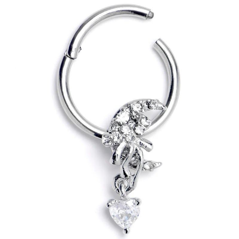 Women's Earrings – Elegant Designs for Every Personality--16 Gauge Clear CZ Gem Moon Bow Heart Dangle Hinged Segment Ring