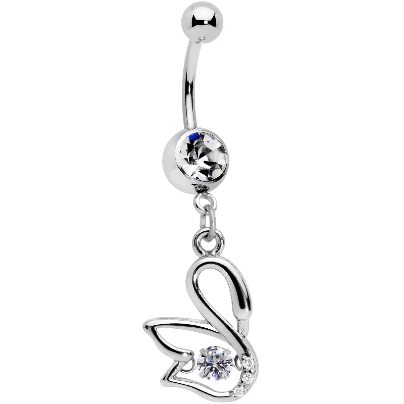 Unique Belly Rings for Statement Style -Clear CZ Gem Floating Modernist Swan Dangle Belly Ring Unique Belly Rings for Statement Style -Clear CZ Gem Floating Modernist Swan Dangle Belly Ring