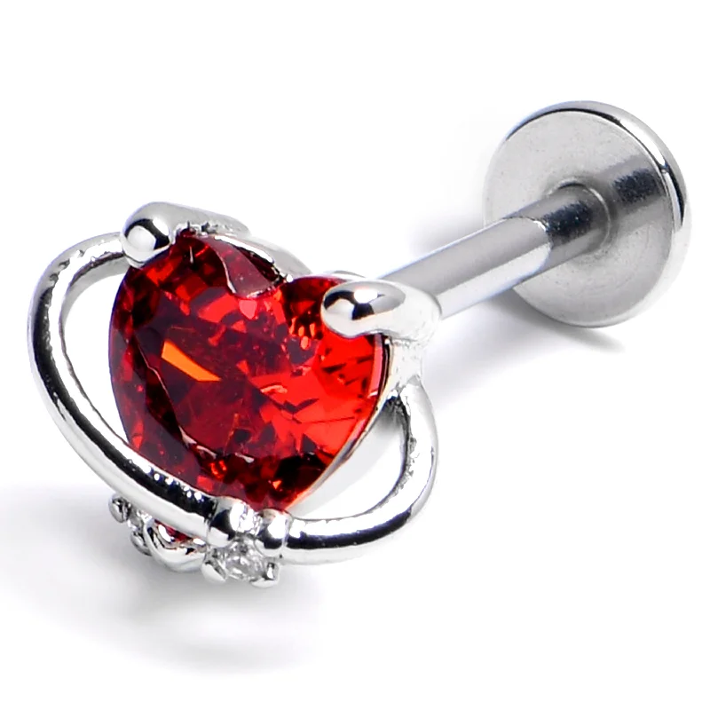 Lip Rings with Luxurious Gemstone Features16 Gauge 3/8 Red CZ Gem Saturn Heart Labret Monroe Tragus