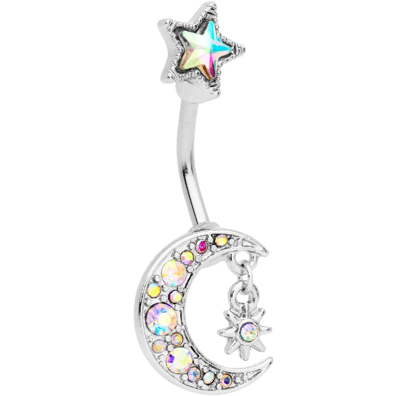 Elegant Belly Rings for Classic Fashion -Aurora Gem Moon and Star Double Mount Belly Ring Elegant Belly Rings for Classic Fashion -Aurora Gem Moon and Star Double Mount Belly Ring