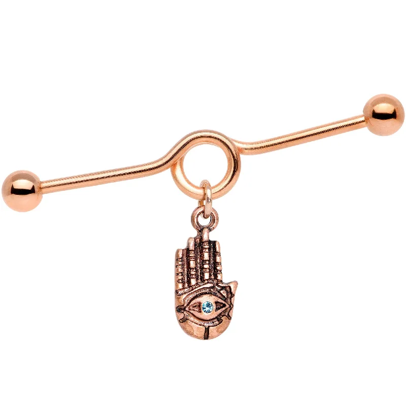 Women's Earrings – Elegant Designs for Every Personality--Aqua Gem Rose Gold Tone Hamsa Eye Industrial Barbell 38mm Women's Earrings – Elegant Designs for Every Personality--Aqua Gem Rose Gold Tone Hamsa Eye Industrial Barbell 38mm