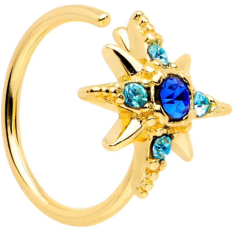 Nose Rings with Elegant Designs -20 Gauge 5/16 Blue Gem Gold Tone Star Seamless Circular Ring Nose Rings with Elegant Designs -20 Gauge 5/16 Blue Gem Gold Tone Star Seamless Circular Ring