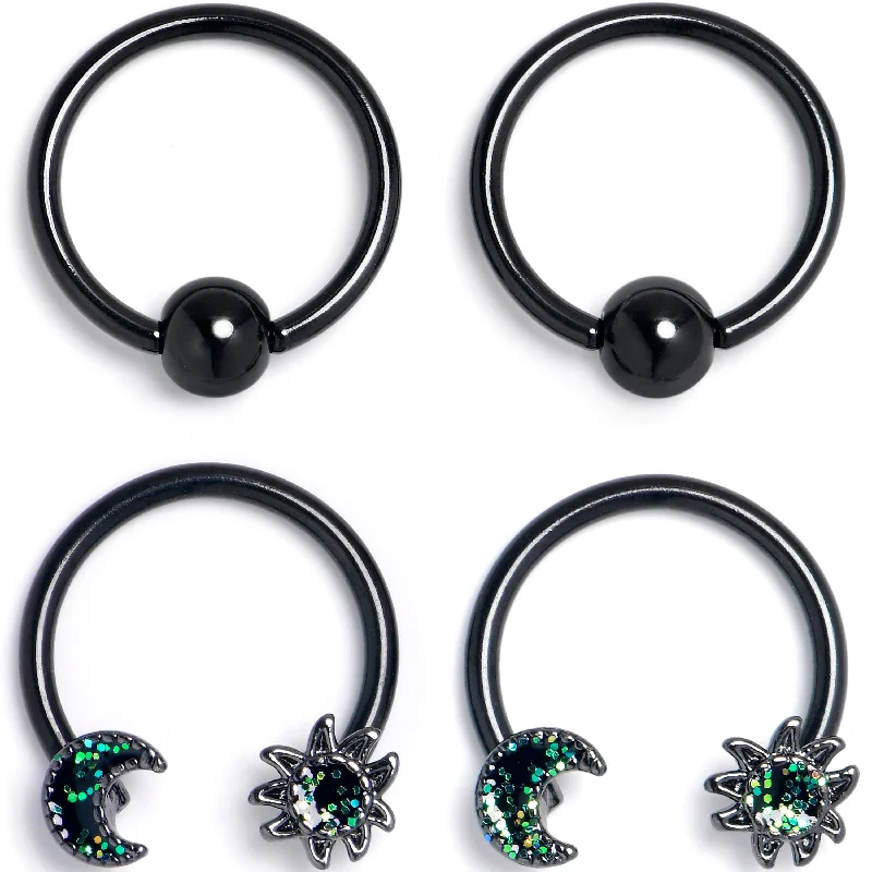 Lip Rings for Trendy Piercings16 Gauge 3/8 Green Faux Opal Black Moon Sun BCR Horseshoe Set of 4