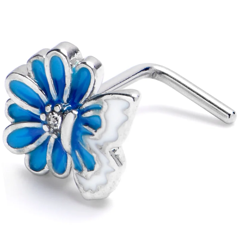 Beautiful Nose Rings for Trendy Style -20 Gauge 1/4 Clear CZ Gem Butterfly Blossom Blue L Shape Nose Ring Beautiful Nose Rings for Trendy Style -20 Gauge 1/4 Clear CZ Gem Butterfly Blossom Blue L Shape Nose Ring
