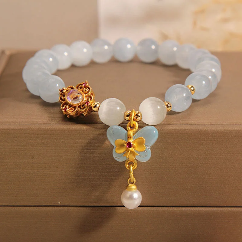 Casual Bangles for Women-Buddha Stones Aquamarine Cat's Eye Healing Butterfly Pearl Charm Bracelet Casual Bangles for Women-Buddha Stones Aquamarine Cat's Eye Healing Butterfly Pearl Charm Bracelet