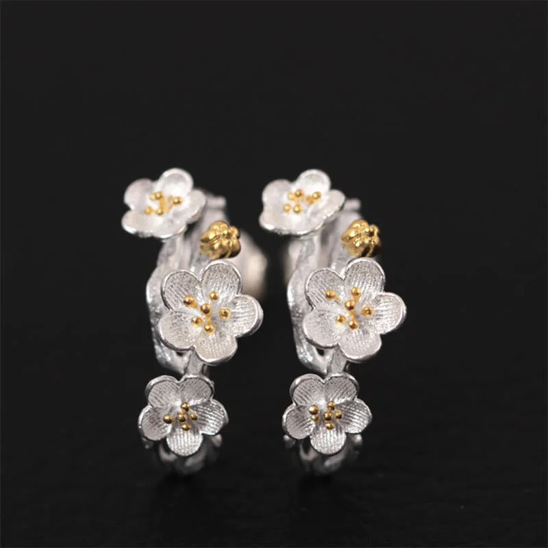 Women's Earrings – Elegant Designs for Every Personality--Buddha Stones 925 Sterling Silver Plum Blossom Floral Blessing Earrings