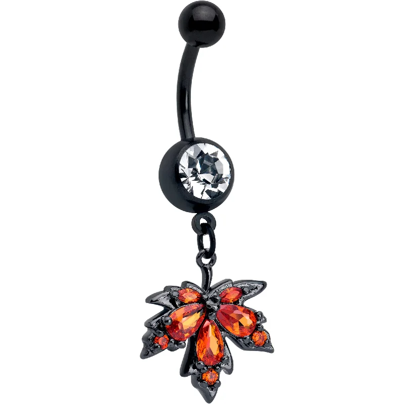 Trendy Belly Rings for Chic Women -Orange CZ Gem Black Autumn Leaf Dangle Belly Ring Trendy Belly Rings for Chic Women -Orange CZ Gem Black Autumn Leaf Dangle Belly Ring