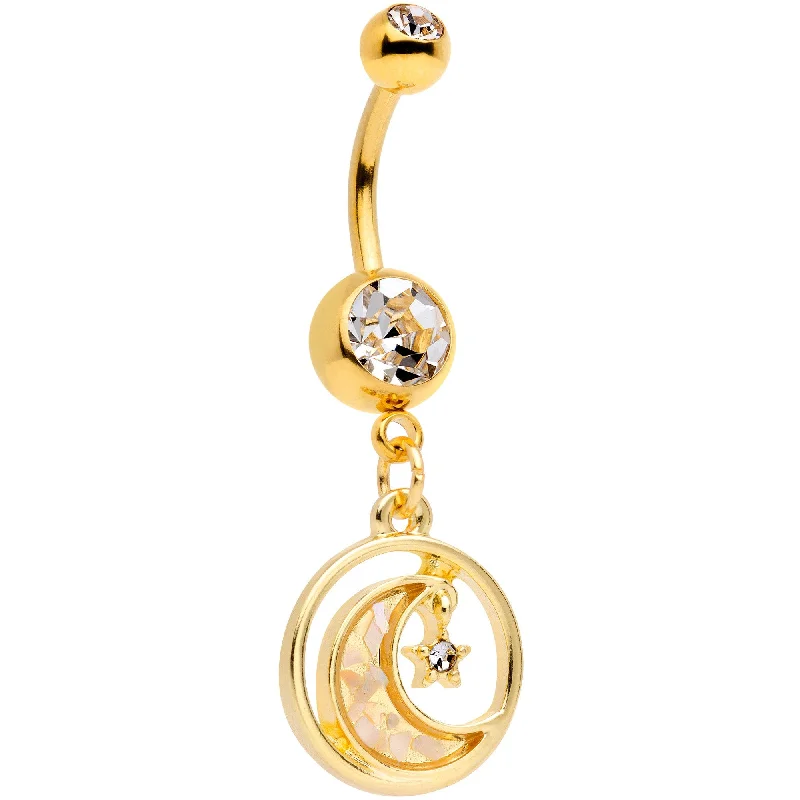 Unique Belly Rings with Colorful Stones -Clear Gem Gold Tone Crescent Moon Hanging Star Dangle Belly Ring Unique Belly Rings with Colorful Stones -Clear Gem Gold Tone Crescent Moon Hanging Star Dangle Belly Ring
