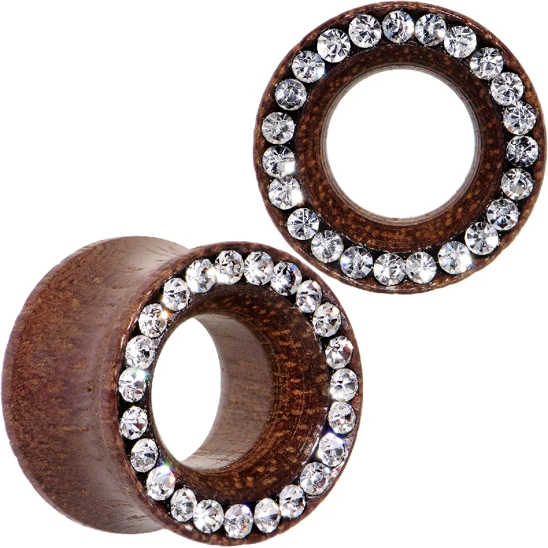 Women's Earrings – Elegant Designs for Every Personality--9/16 Clear Gem Organic Rose Flower Wood Saddle Plug Set