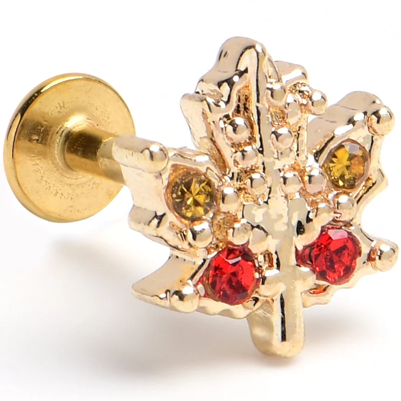Women's Earrings – Elegant Designs for Every Personality--16 Gauge 1/4 Red Yellow Gem Gold Tone Maple Leaf Labret