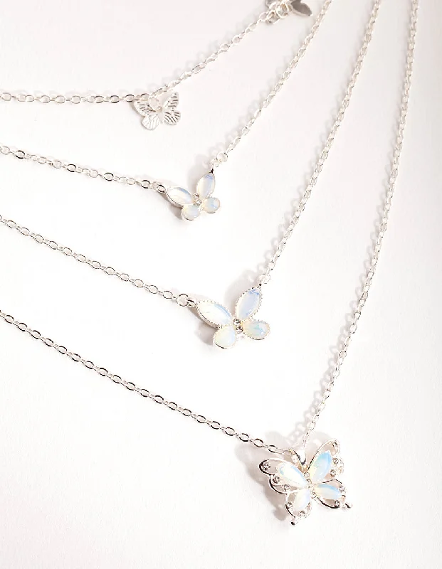 Shop Classic Women's Necklaces & Pendants with a Modern Twist-Silver Catseye Butterfly 4-Row Necklace Shop Classic Women's Necklaces & Pendants with a Modern Twist-Silver Catseye Butterfly 4-Row Necklace