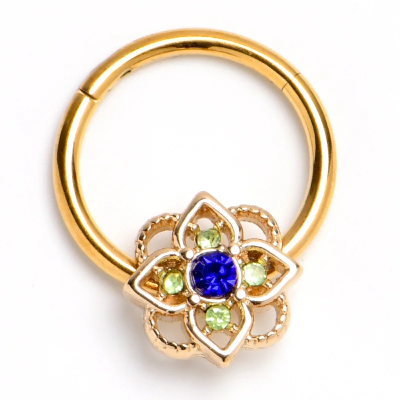Comfortable Nose Rings with Stylish Touch -16 Gauge 3/8 Blue Gem Gold Tone Celtic Style Hinged Segment Ring Comfortable Nose Rings with Stylish Touch -16 Gauge 3/8 Blue Gem Gold Tone Celtic Style Hinged Segment Ring