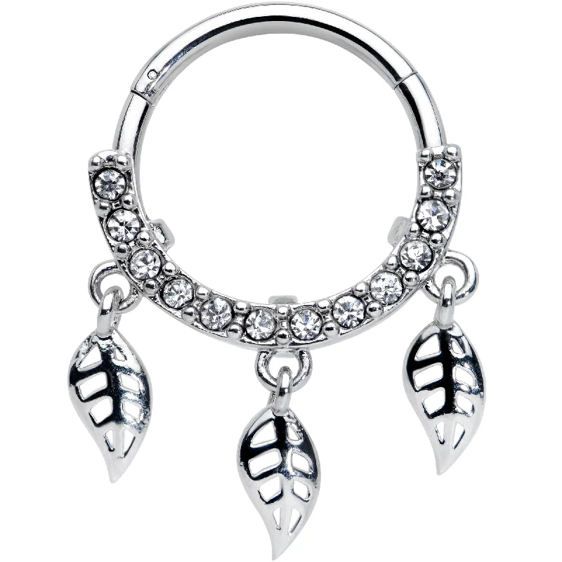 Nose Rings with Twisted Designs -16 Gauge 3/8 Clear Gem Open Leaf Dangle Hinged Segment Ring Nose Rings with Twisted Designs -16 Gauge 3/8 Clear Gem Open Leaf Dangle Hinged Segment Ring