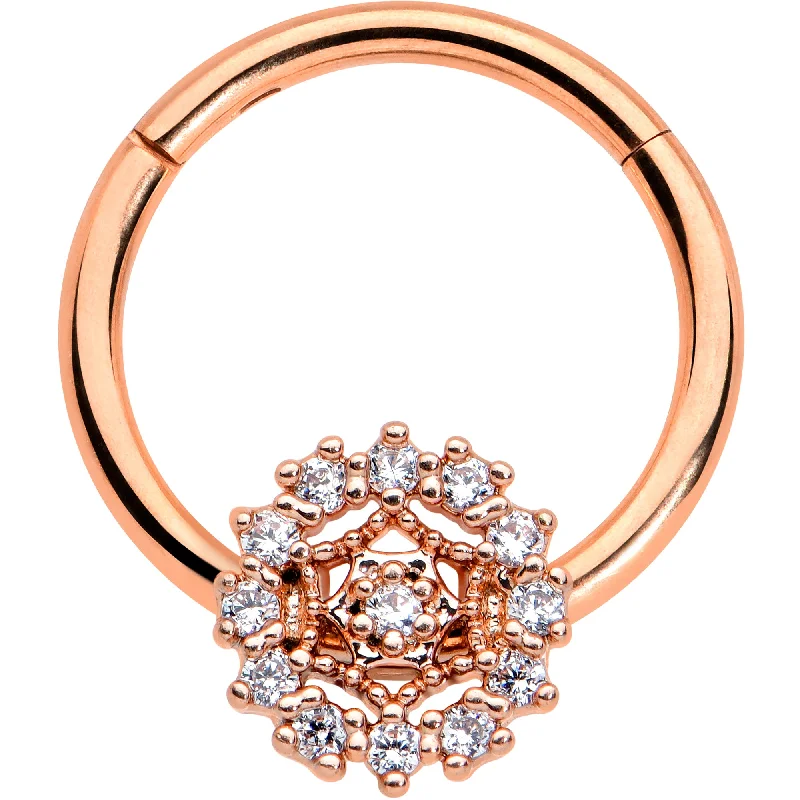 Comfortable Nose Rings for Everyday Wear -16 Gauge 3/8 Clear CZ Gem Rose Gold Tone Geo Web Hinged Segment Ring Comfortable Nose Rings for Everyday Wear -16 Gauge 3/8 Clear CZ Gem Rose Gold Tone Geo Web Hinged Segment Ring