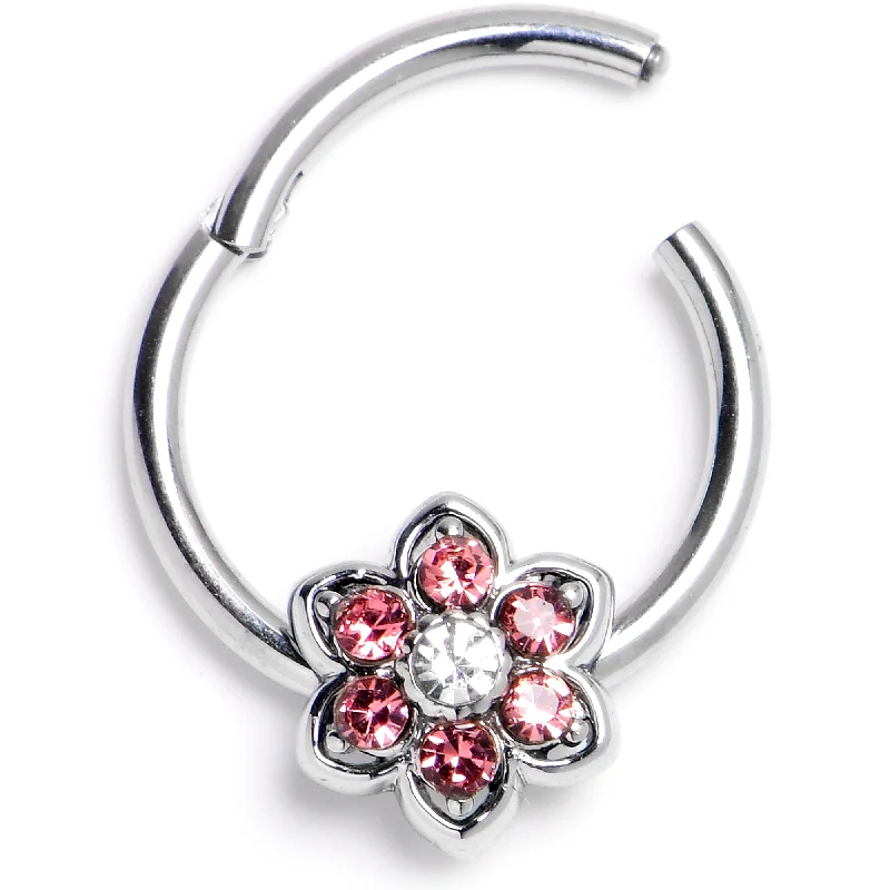Women's Earrings – Elegant Designs for Every Personality--16 Gauge 3/8 Pink Radiant Blossom Flower Hinged Segment Ring