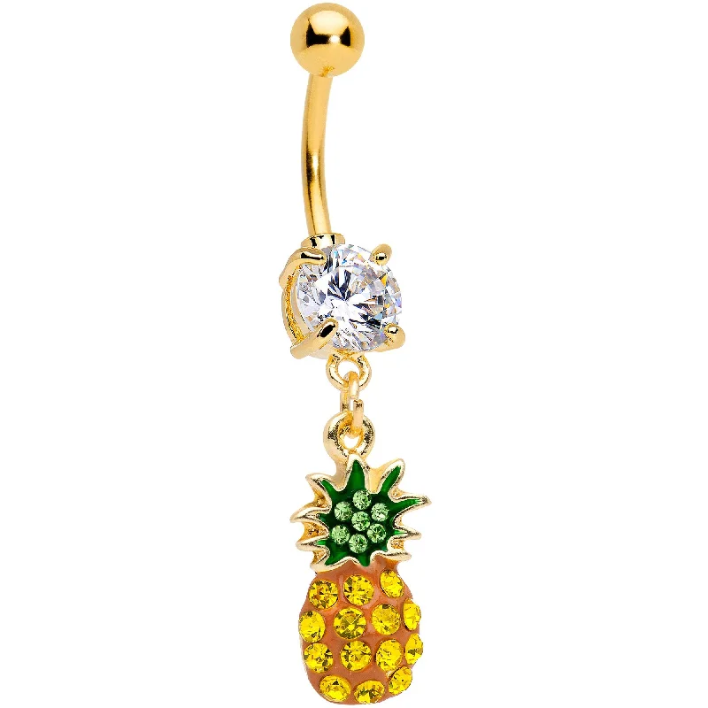 Comfortable Belly Rings for Exclusive Looks -Clear Yellow Green Gem Gold Tone Tropical Pineapple Dangle Belly Ring Comfortable Belly Rings for Exclusive Looks -Clear Yellow Green Gem Gold Tone Tropical Pineapple Dangle Belly Ring