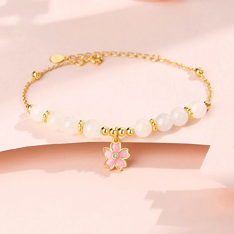 Simple Gold Bangles for Women-Buddha Stones 925 Sterling Silver Hetian White Jade Cherry Blossom Protection Bracelet