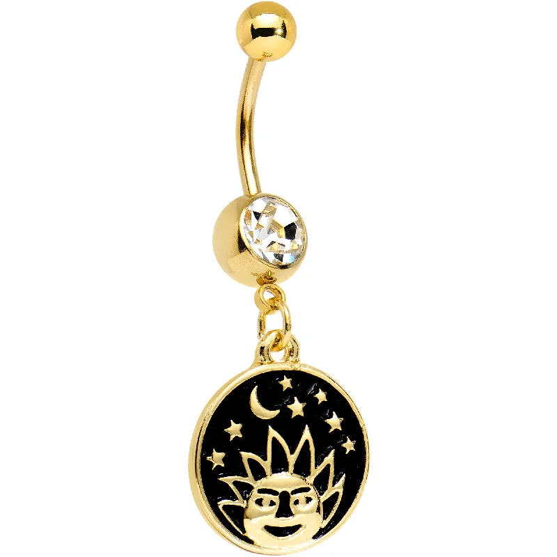 Stunning Belly Rings with Shiny Finish -Clear CZ Gem Gold PVD Sun and Moon Disc Dangle Belly Ring Stunning Belly Rings with Shiny Finish -Clear CZ Gem Gold PVD Sun and Moon Disc Dangle Belly Ring